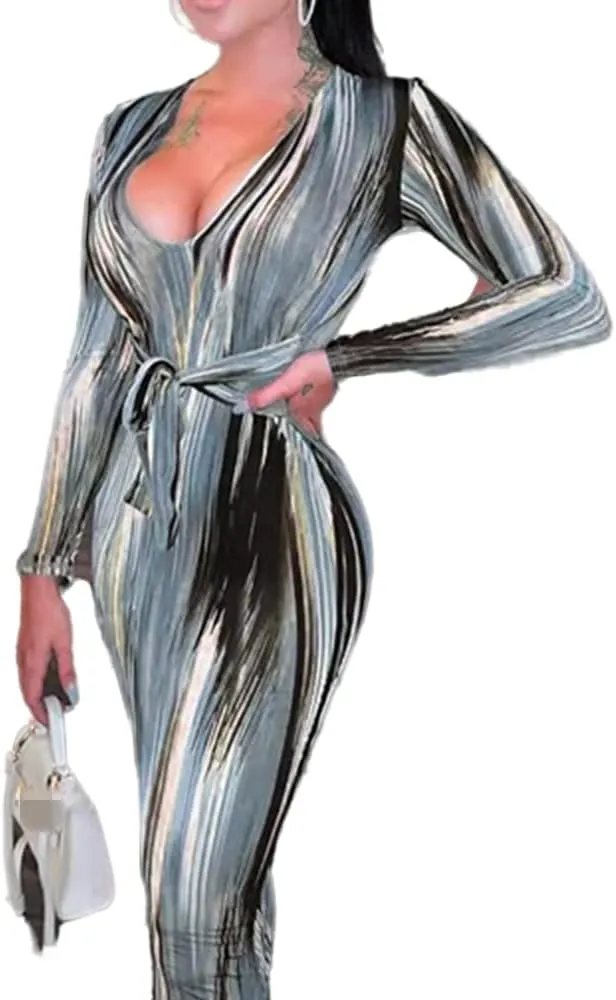 Women's Bodycon Tie Waist Dress Elegant Wrap V Neck Long Sleeve Midi Dresses Sexy Cocktail Party Dress