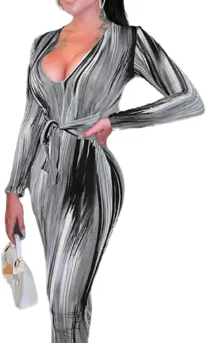 Women's Bodycon Tie Waist Dress Elegant Wrap V Neck Long Sleeve Midi Dresses Sexy Cocktail Party Dress