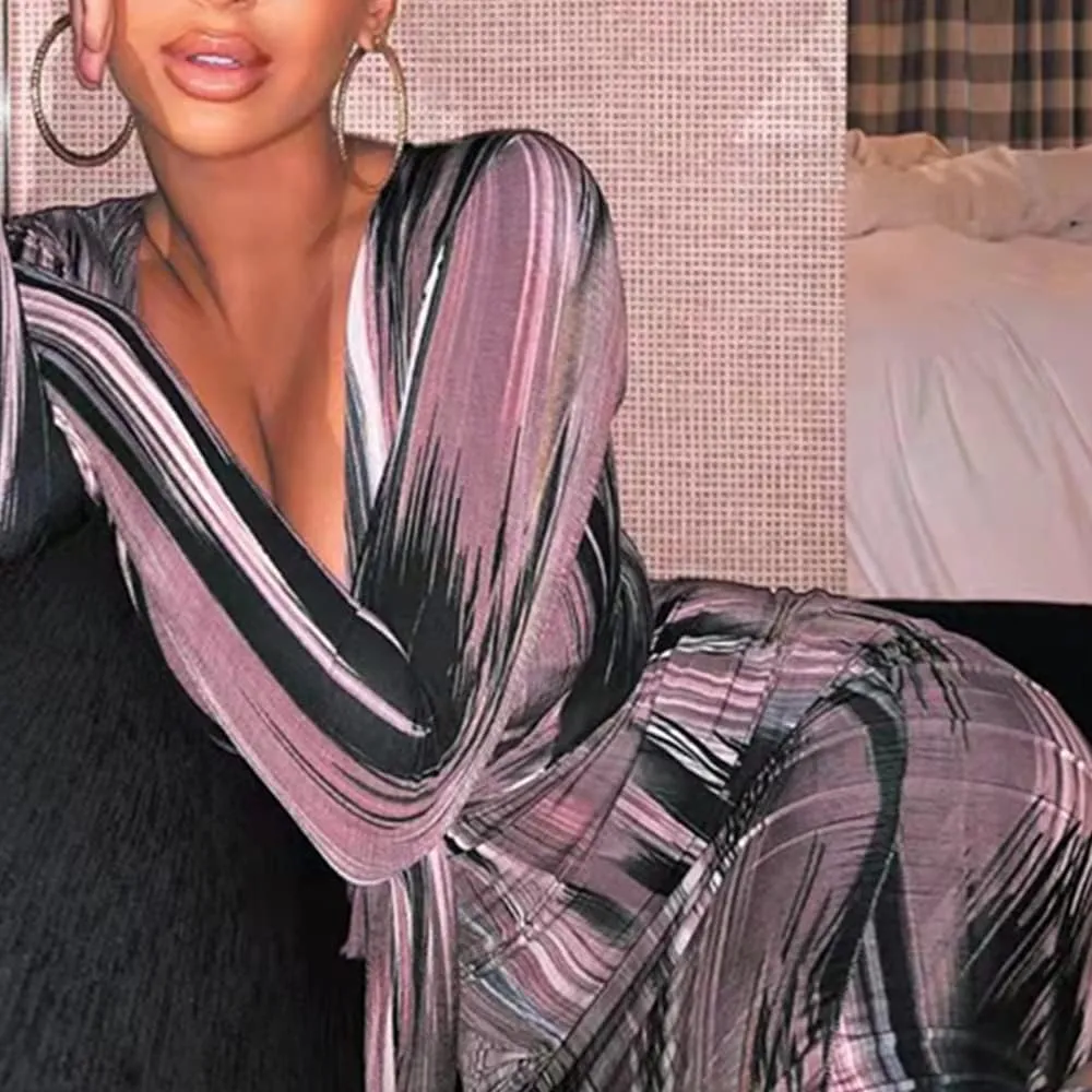 Women's Bodycon Tie Waist Dress Elegant Wrap V Neck Long Sleeve Midi Dresses Sexy Cocktail Party Dress