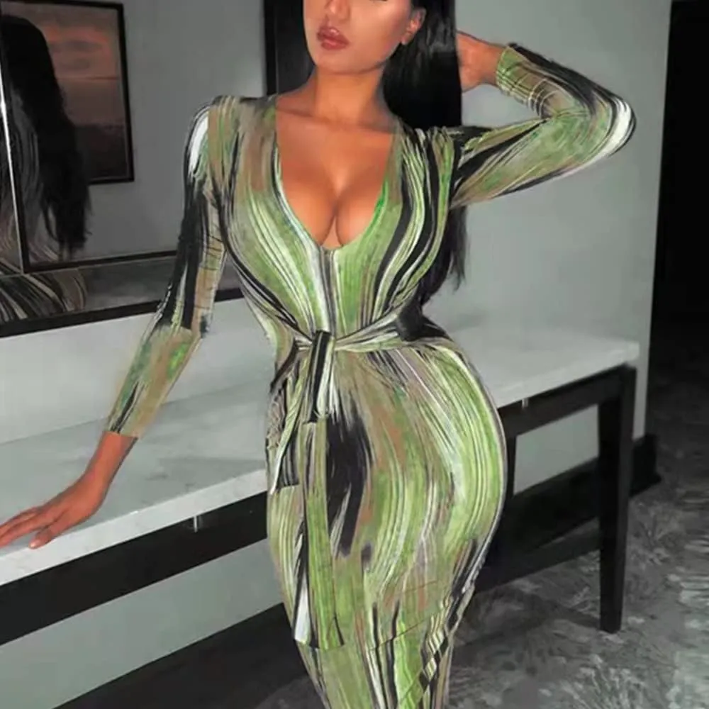 Women's Bodycon Tie Waist Dress Elegant Wrap V Neck Long Sleeve Midi Dresses Sexy Cocktail Party Dress