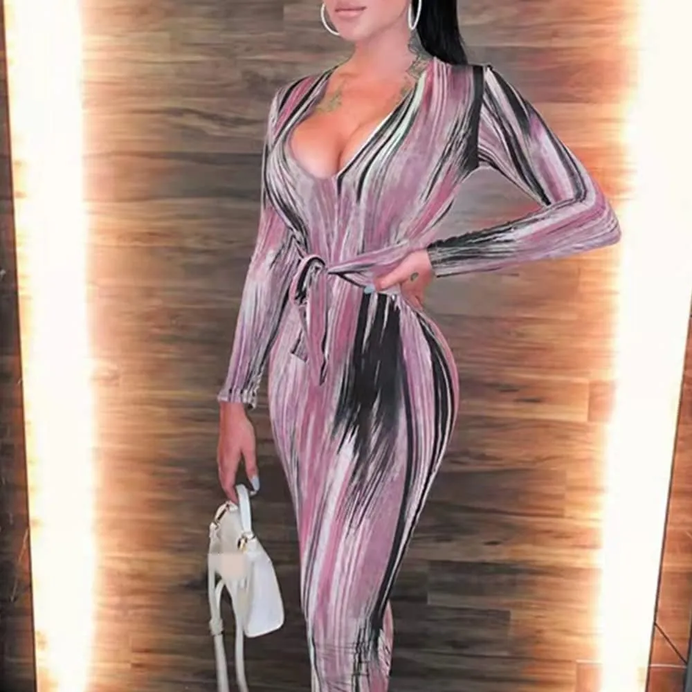 Women's Bodycon Tie Waist Dress Elegant Wrap V Neck Long Sleeve Midi Dresses Sexy Cocktail Party Dress