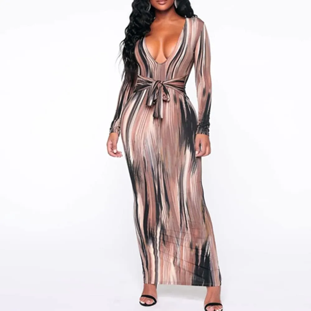 Women's Bodycon Tie Waist Dress Elegant Wrap V Neck Long Sleeve Midi Dresses Sexy Cocktail Party Dress