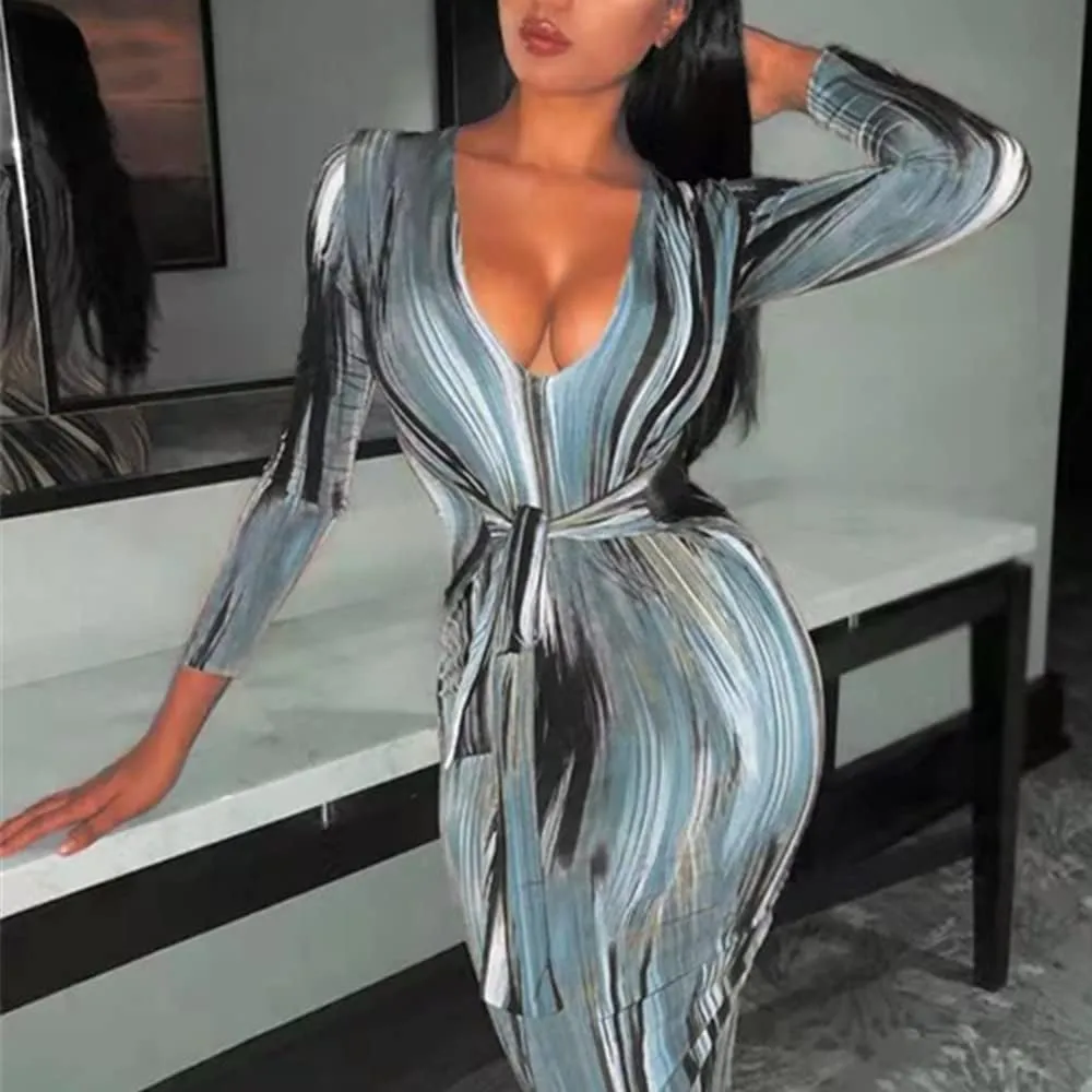 Women's Bodycon Tie Waist Dress Elegant Wrap V Neck Long Sleeve Midi Dresses Sexy Cocktail Party Dress
