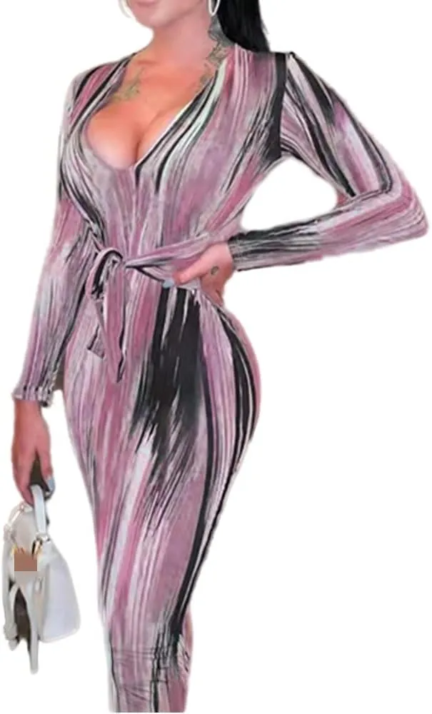 Women's Bodycon Tie Waist Dress Elegant Wrap V Neck Long Sleeve Midi Dresses Sexy Cocktail Party Dress