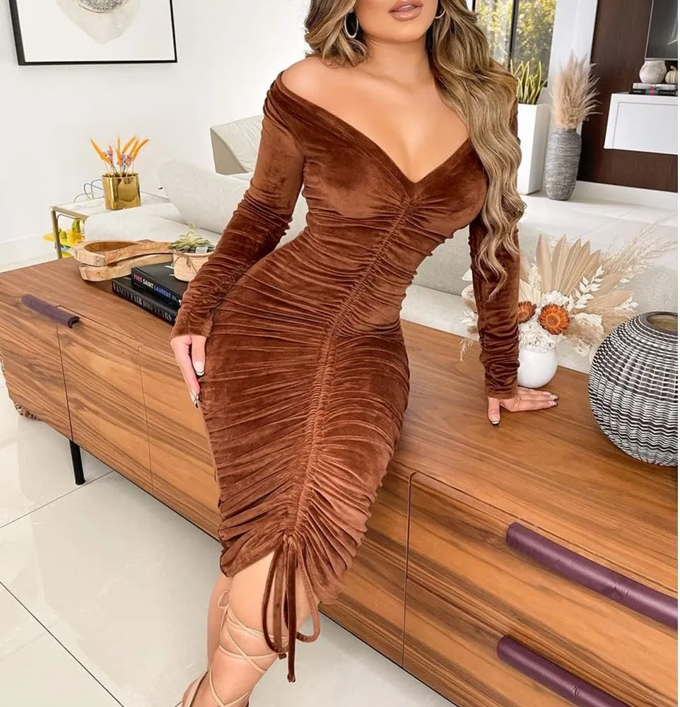 Women's Bodycon Tie Waist Dress Elegant Wrap V Neck Long Sleeve Midi Dresses Sexy Cocktail Party Dress