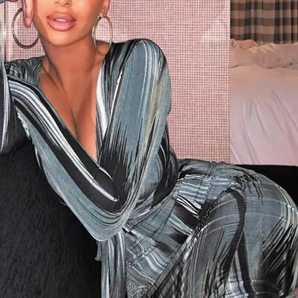 Women's Bodycon Tie Waist Dress Elegant Wrap V Neck Long Sleeve Midi Dresses Sexy Cocktail Party Dress