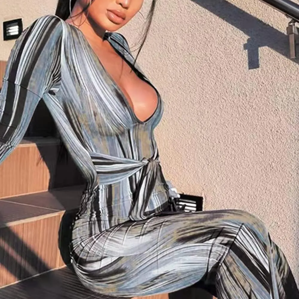 Women's Bodycon Tie Waist Dress Elegant Wrap V Neck Long Sleeve Midi Dresses Sexy Cocktail Party Dress