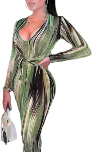 Women's Bodycon Tie Waist Dress Elegant Wrap V Neck Long Sleeve Midi Dresses Sexy Cocktail Party Dress