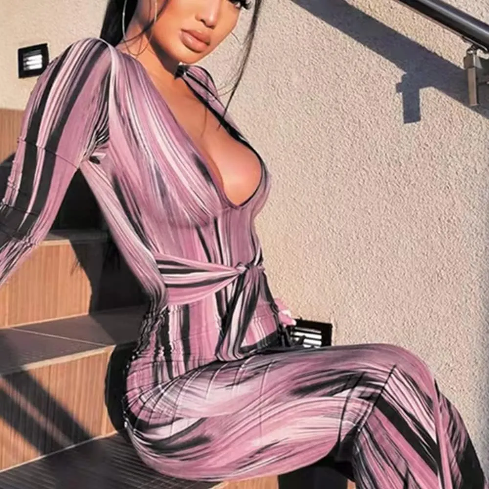 Women's Bodycon Tie Waist Dress Elegant Wrap V Neck Long Sleeve Midi Dresses Sexy Cocktail Party Dress
