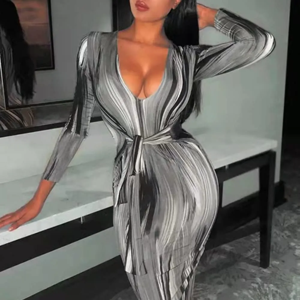 Women's Bodycon Tie Waist Dress Elegant Wrap V Neck Long Sleeve Midi Dresses Sexy Cocktail Party Dress
