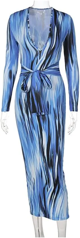Women's Bodycon Tie Waist Dress Elegant Wrap V Neck Long Sleeve Midi Dresses Sexy Cocktail Party Dress