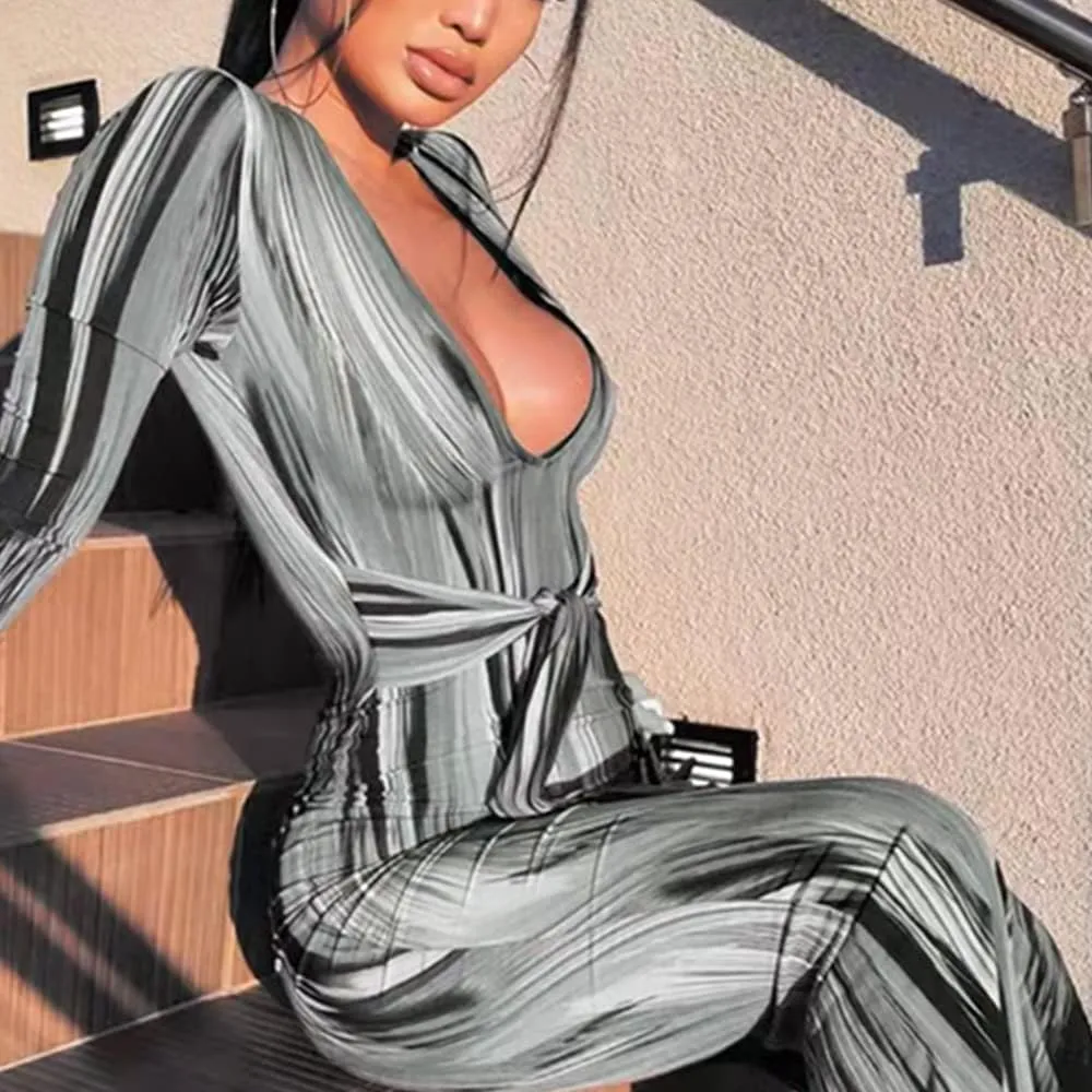 Women's Bodycon Tie Waist Dress Elegant Wrap V Neck Long Sleeve Midi Dresses Sexy Cocktail Party Dress