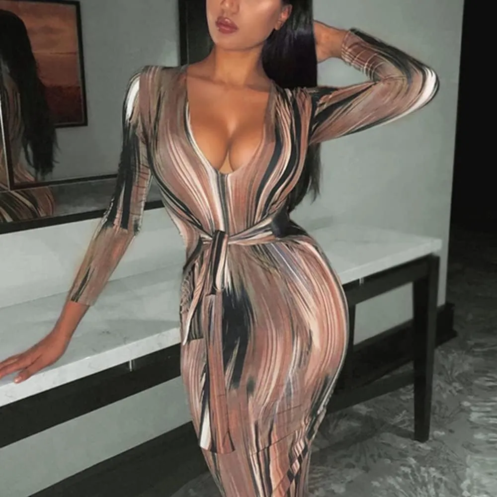 Women's Bodycon Tie Waist Dress Elegant Wrap V Neck Long Sleeve Midi Dresses Sexy Cocktail Party Dress
