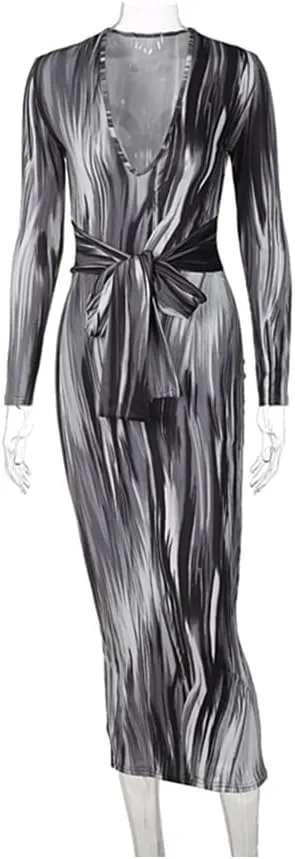 Women's Bodycon Tie Waist Dress Elegant Wrap V Neck Long Sleeve Midi Dresses Sexy Cocktail Party Dress