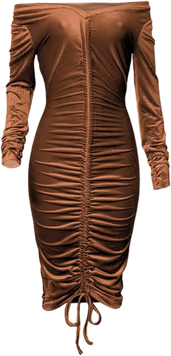 Women's Bodycon Tie Waist Dress Elegant Wrap V Neck Long Sleeve Midi Dresses Sexy Cocktail Party Dress