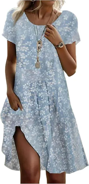 Women's Boho Floral Print Short Sleeve Dress Bohemian Summer Vacation Casual Loose Swing Midi Dresses with Pockets