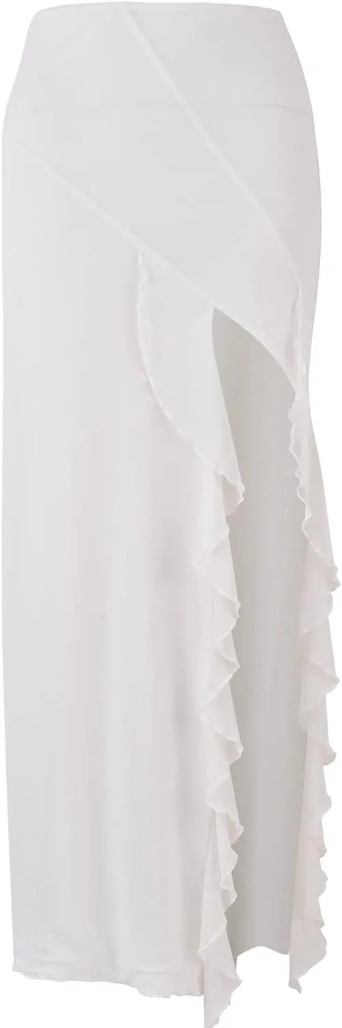 Women's Boho Maxi Skirt High Low Side Split Summer Beach Wrap Skirts Casual Ruffle Hem Swing Long Skirts
