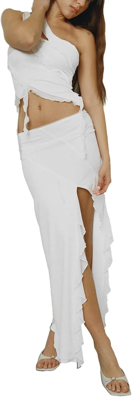 Women's Boho Maxi Skirt High Low Side Split Summer Beach Wrap Skirts Casual Ruffle Hem Swing Long Skirts