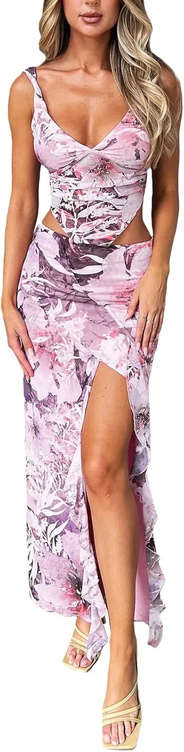 Women's Boho Maxi Skirt High Low Side Split Summer Beach Wrap Skirts Casual Ruffle Hem Swing Long Skirts