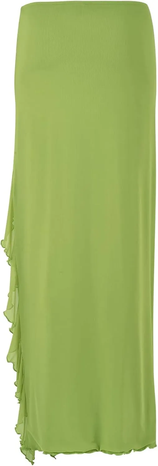 Women's Boho Maxi Skirt High Low Side Split Summer Beach Wrap Skirts Casual Ruffle Hem Swing Long Skirts