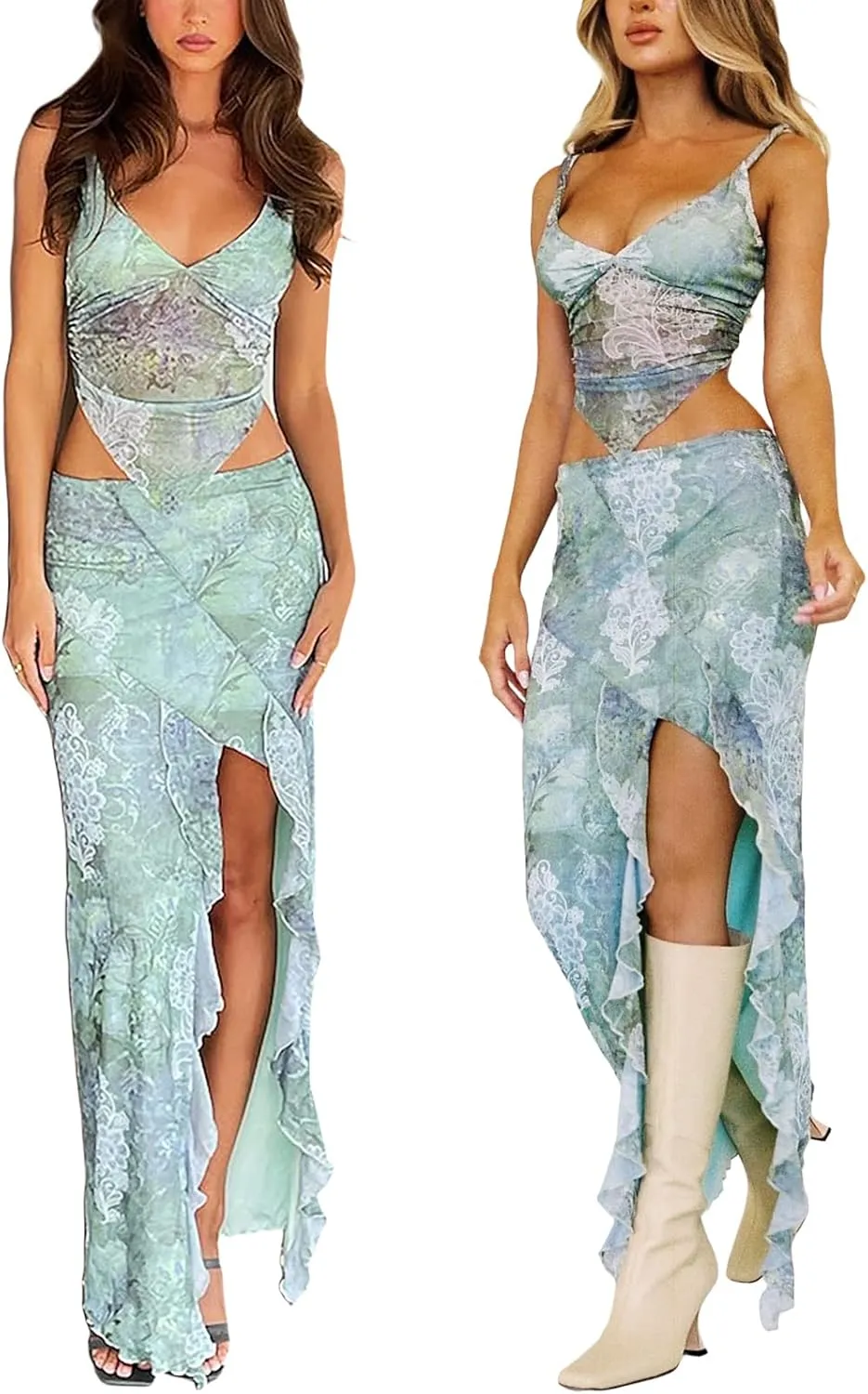 Women's Boho Maxi Skirt High Low Side Split Summer Beach Wrap Skirts Casual Ruffle Hem Swing Long Skirts