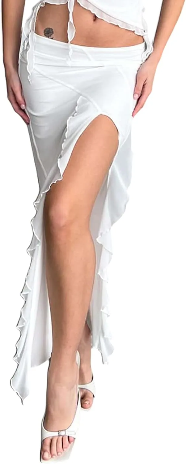 Women's Boho Maxi Skirt High Low Side Split Summer Beach Wrap Skirts Casual Ruffle Hem Swing Long Skirts