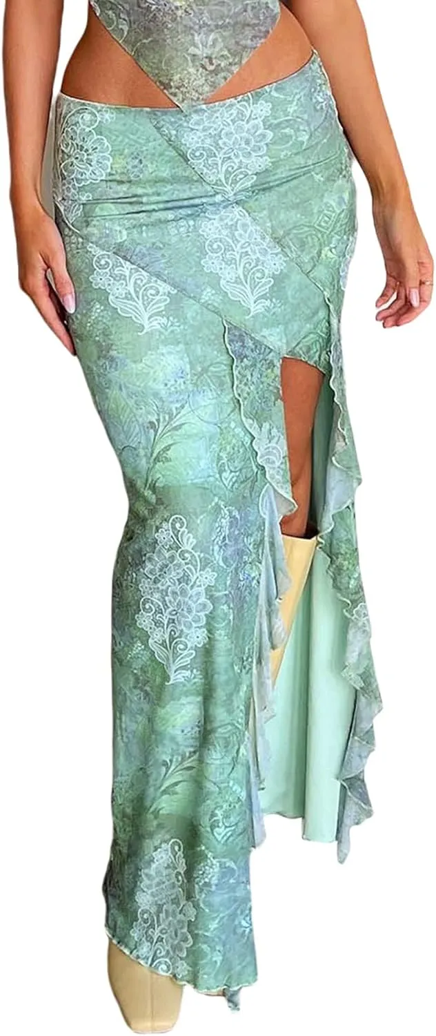 Women's Boho Maxi Skirt High Low Side Split Summer Beach Wrap Skirts Casual Ruffle Hem Swing Long Skirts