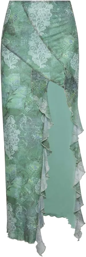 Women's Boho Maxi Skirt High Low Side Split Summer Beach Wrap Skirts Casual Ruffle Hem Swing Long Skirts