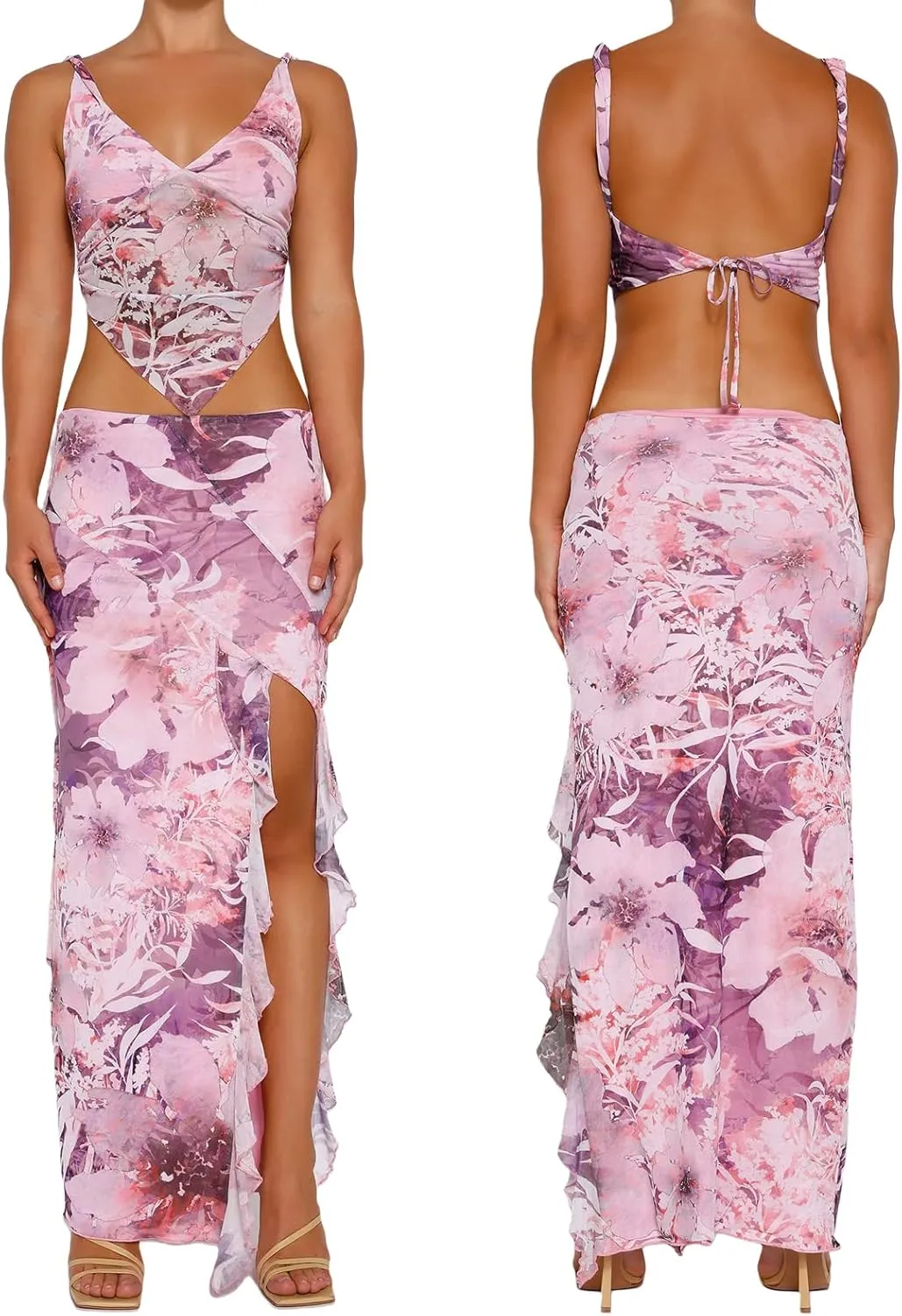 Women's Boho Maxi Skirt High Low Side Split Summer Beach Wrap Skirts Casual Ruffle Hem Swing Long Skirts