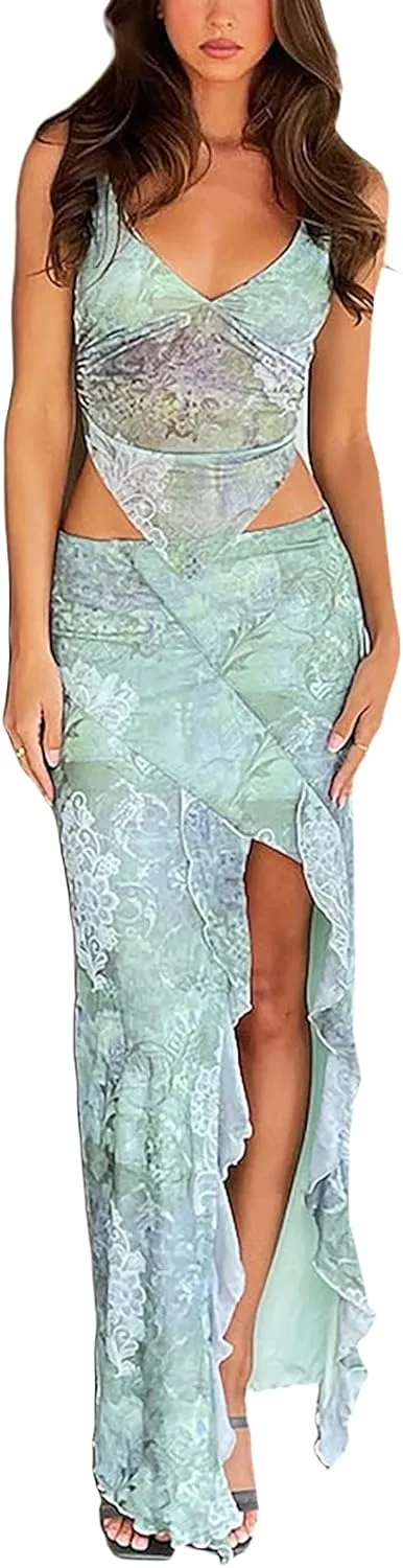 Women's Boho Maxi Skirt High Low Side Split Summer Beach Wrap Skirts Casual Ruffle Hem Swing Long Skirts