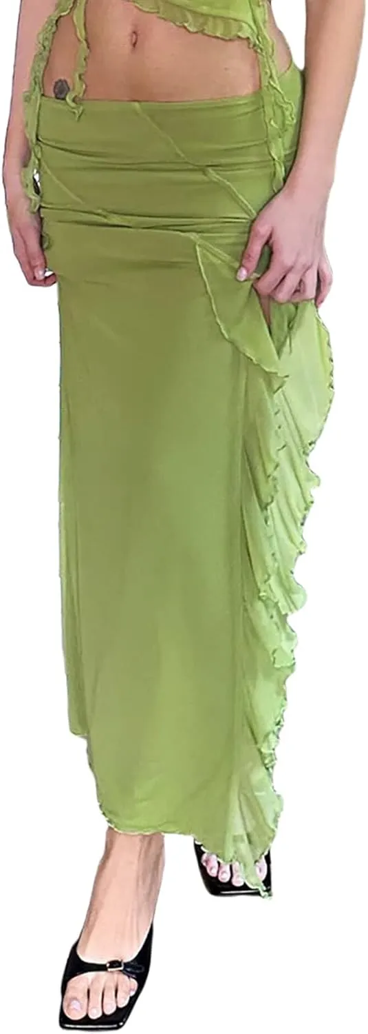 Women's Boho Maxi Skirt High Low Side Split Summer Beach Wrap Skirts Casual Ruffle Hem Swing Long Skirts