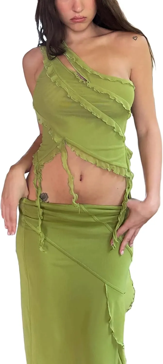 Women's Boho Maxi Skirt High Low Side Split Summer Beach Wrap Skirts Casual Ruffle Hem Swing Long Skirts