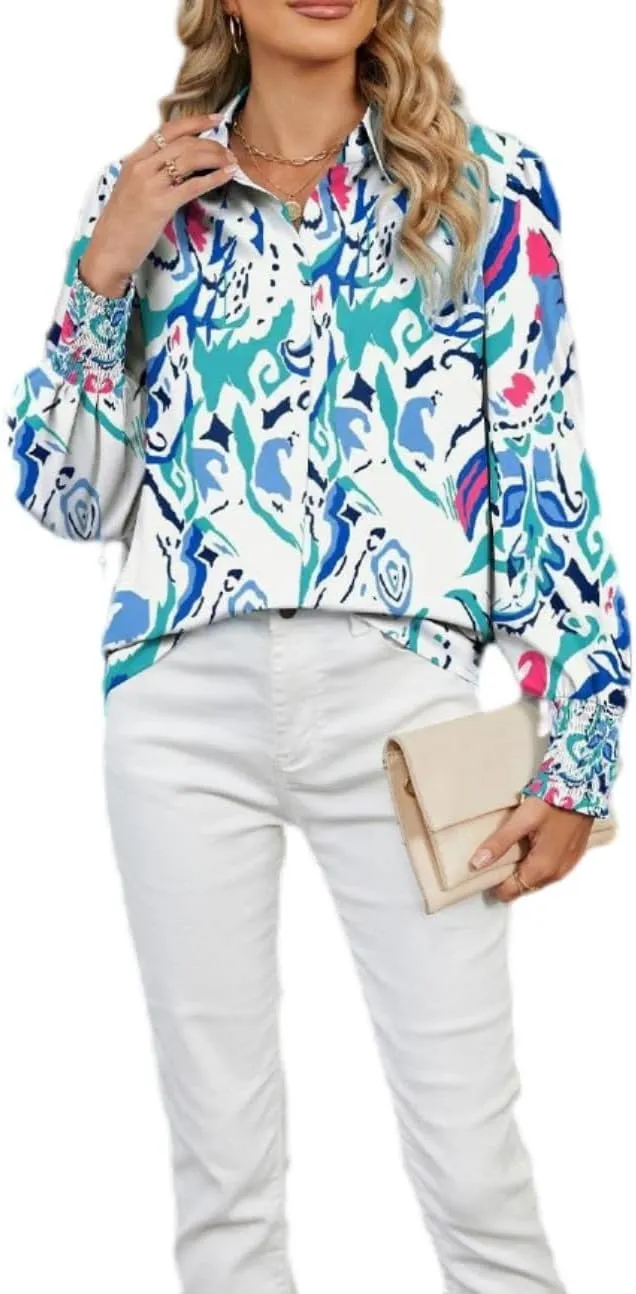 Women's Boho Stylish Blouse, 2025 Autumn and Winter Lapel Long Sleeve Loose Printed Shirts for Women