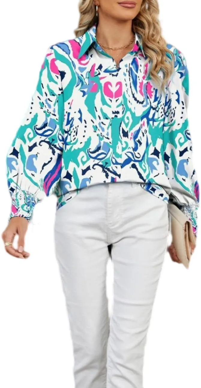 Women's Boho Stylish Blouse, 2025 Autumn and Winter Lapel Long Sleeve Loose Printed Shirts for Women
