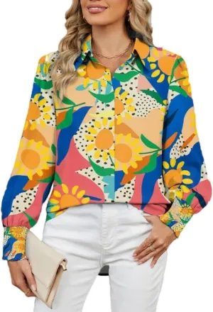Women's Boho Stylish Blouse, 2025 Autumn and Winter Lapel Long Sleeve Loose Printed Shirts for Women