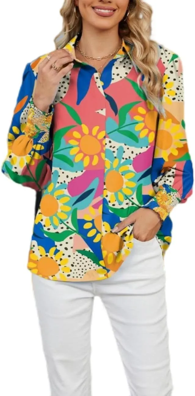 Women's Boho Stylish Blouse, 2025 Autumn and Winter Lapel Long Sleeve Loose Printed Shirts for Women