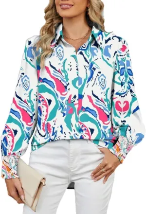 Women's Boho Stylish Blouse, 2025 Autumn and Winter Lapel Long Sleeve Loose Printed Shirts for Women