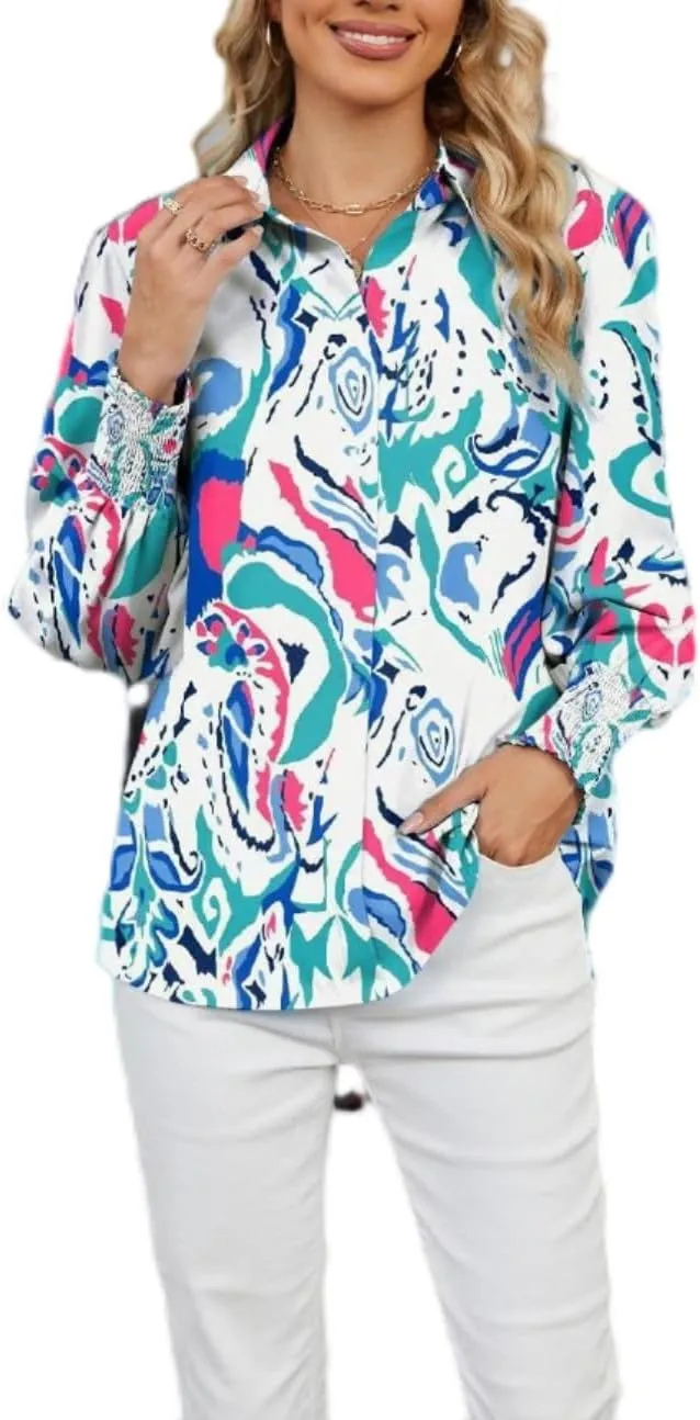 Women's Boho Stylish Blouse, 2025 Autumn and Winter Lapel Long Sleeve Loose Printed Shirts for Women