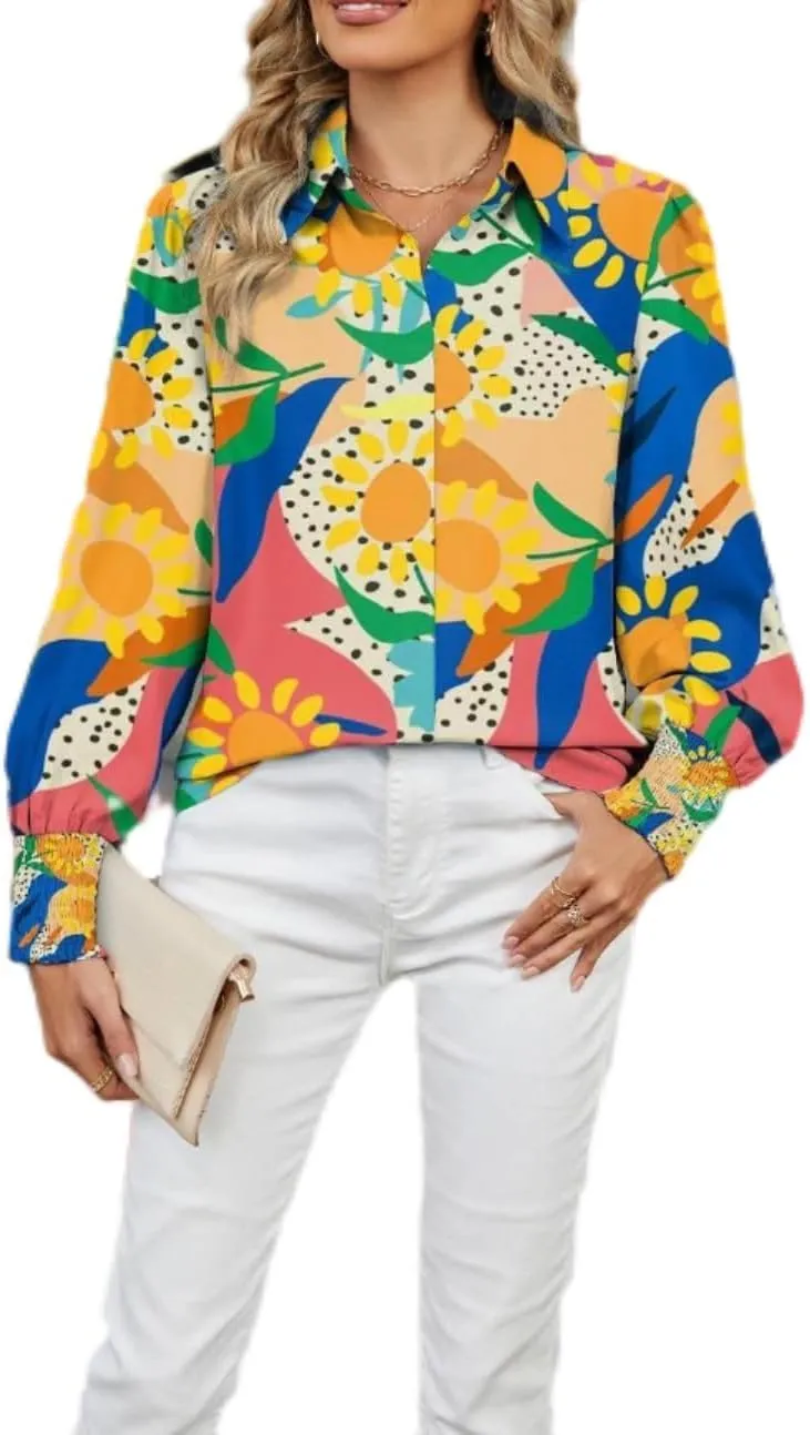 Women's Boho Stylish Blouse, 2025 Autumn and Winter Lapel Long Sleeve Loose Printed Shirts for Women