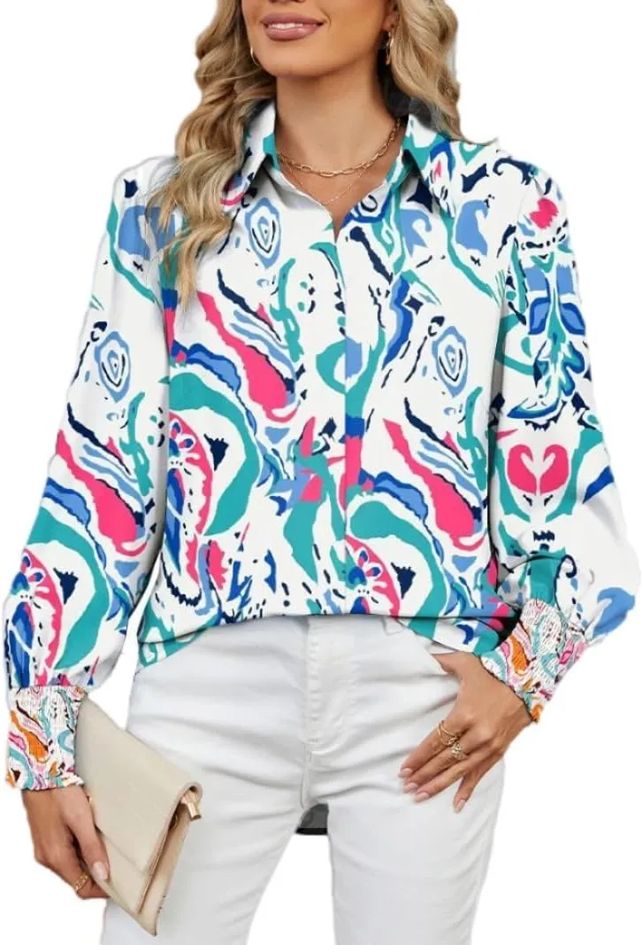 Women's Boho Stylish Blouse, 2025 Autumn and Winter Lapel Long Sleeve Loose Printed Shirts for Women