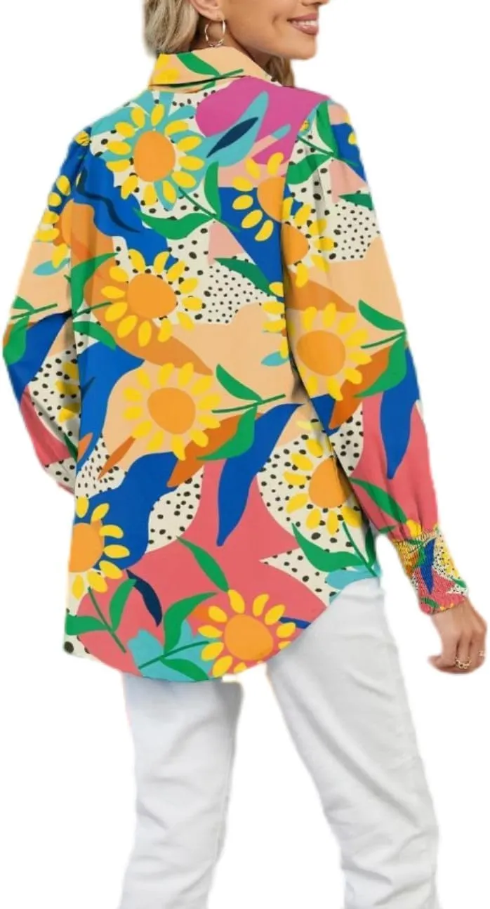 Women's Boho Stylish Blouse, 2025 Autumn and Winter Lapel Long Sleeve Loose Printed Shirts for Women