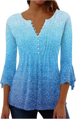 Women's Button Up Shirt Floral Print Top Summer Casual 3/4 Sleeve V Neck Blouse Women's Athletic Shirts