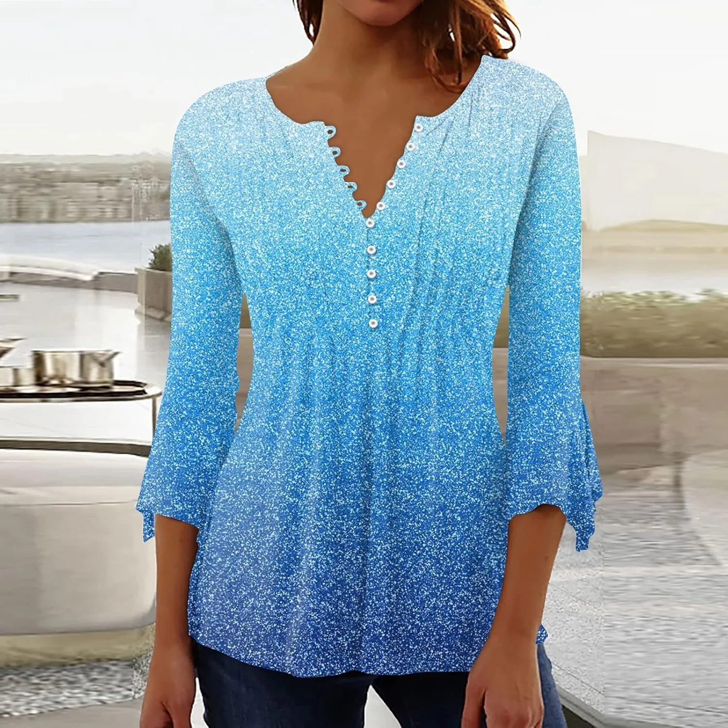 Women's Button Up Shirt Floral Print Top Summer Casual 3/4 Sleeve V Neck Blouse Women's Athletic Shirts