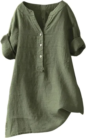Womens Buttons Shirt Linen Roll-Up Sleeve V-Neck Beach Shirt Casual Loose Fit Plain Solid Blouses Tops