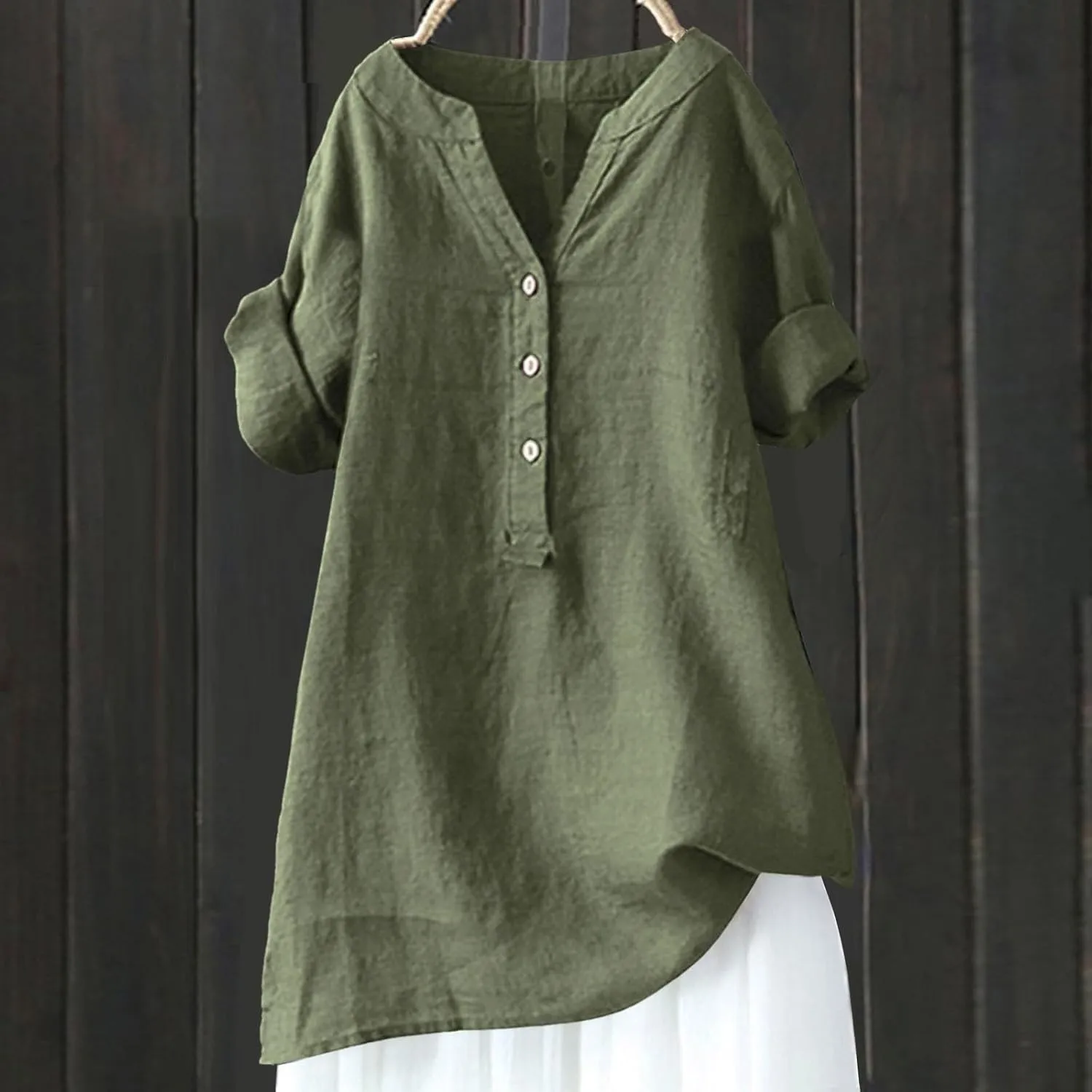 Womens Buttons Shirt Linen Roll-Up Sleeve V-Neck Beach Shirt Casual Loose Fit Plain Solid Blouses Tops