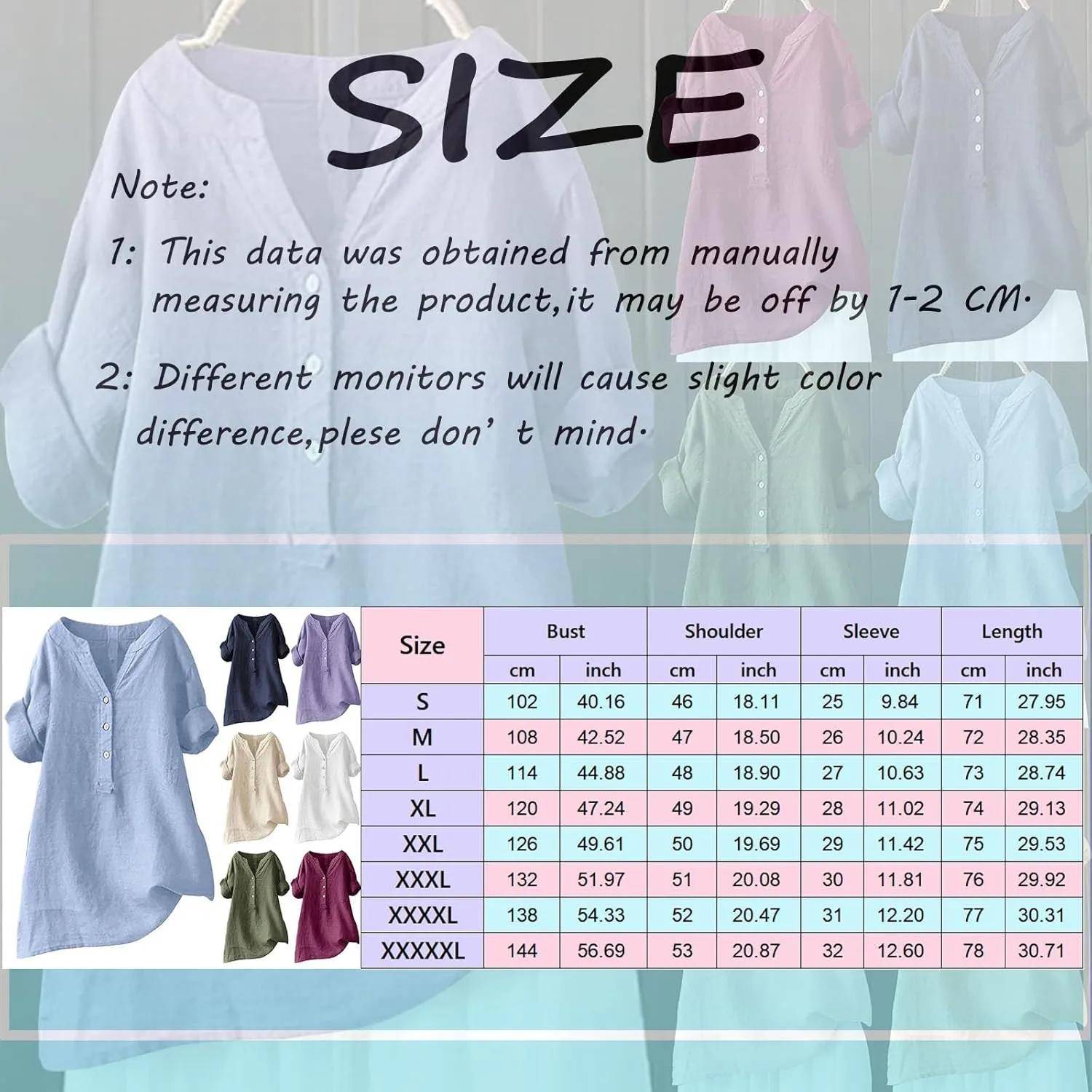 Womens Buttons Shirt Linen Roll-Up Sleeve V-Neck Beach Shirt Casual Loose Fit Plain Solid Blouses Tops