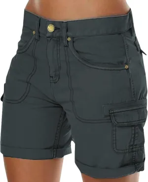Womens Cargo Shorts Summer Casual Jeans Trendy High Waisted Pull On Drawstring Beach Relaxed Fit Shorts with Pocket