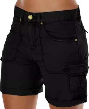 Womens Cargo Shorts Summer Casual Jeans Trendy High Waisted Pull On Drawstring Beach Relaxed Fit Shorts with Pocket
