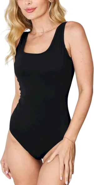 Women's Casual Bodysuit Basic Solid Tan Soft Stretch Fabric Sleeveless Slim Fit Square Neck Scoop Neck Thigh-Length