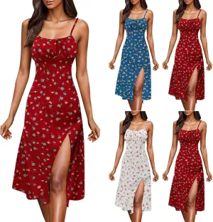 Women's Casual Spaghetti Strap Sleeveless Bodycon High Split Summer Polka Dot Flowy Maxi Sundress Beach Long Dresses